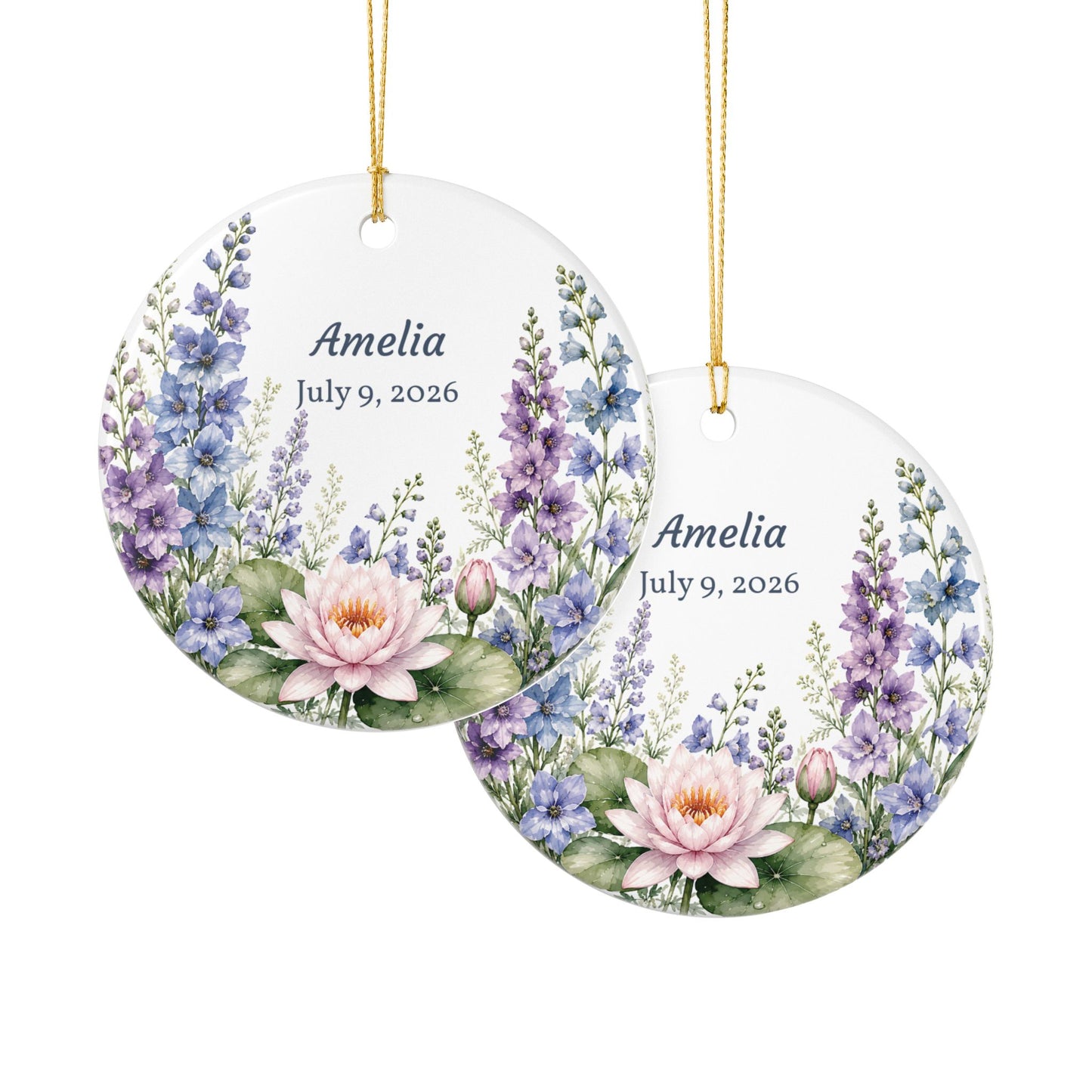 Personalized Floral Ceramic Ornament — Custom Name & Date (Watercolor Lotus & Delphinium)