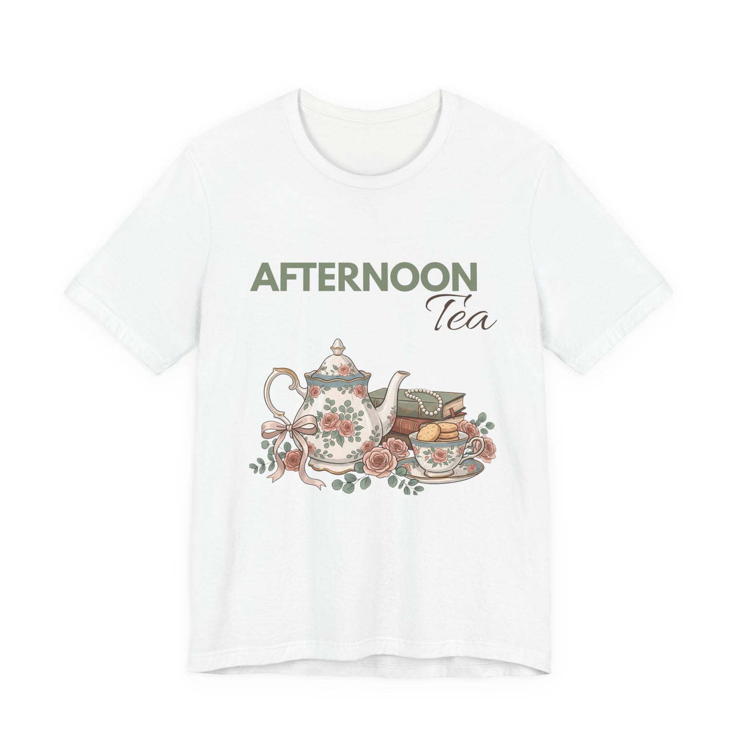 A white t-shirt with 'AFTERNOON Tea' on the front.