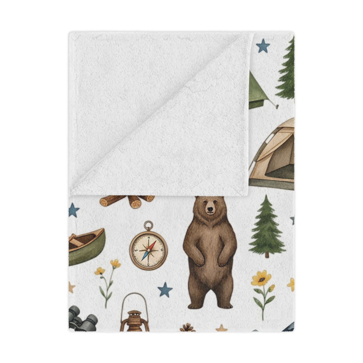 Camping Pattern Minky Blanket — Cozy Outdoor Adventure Throw with Tents, Campfire & Wildlife