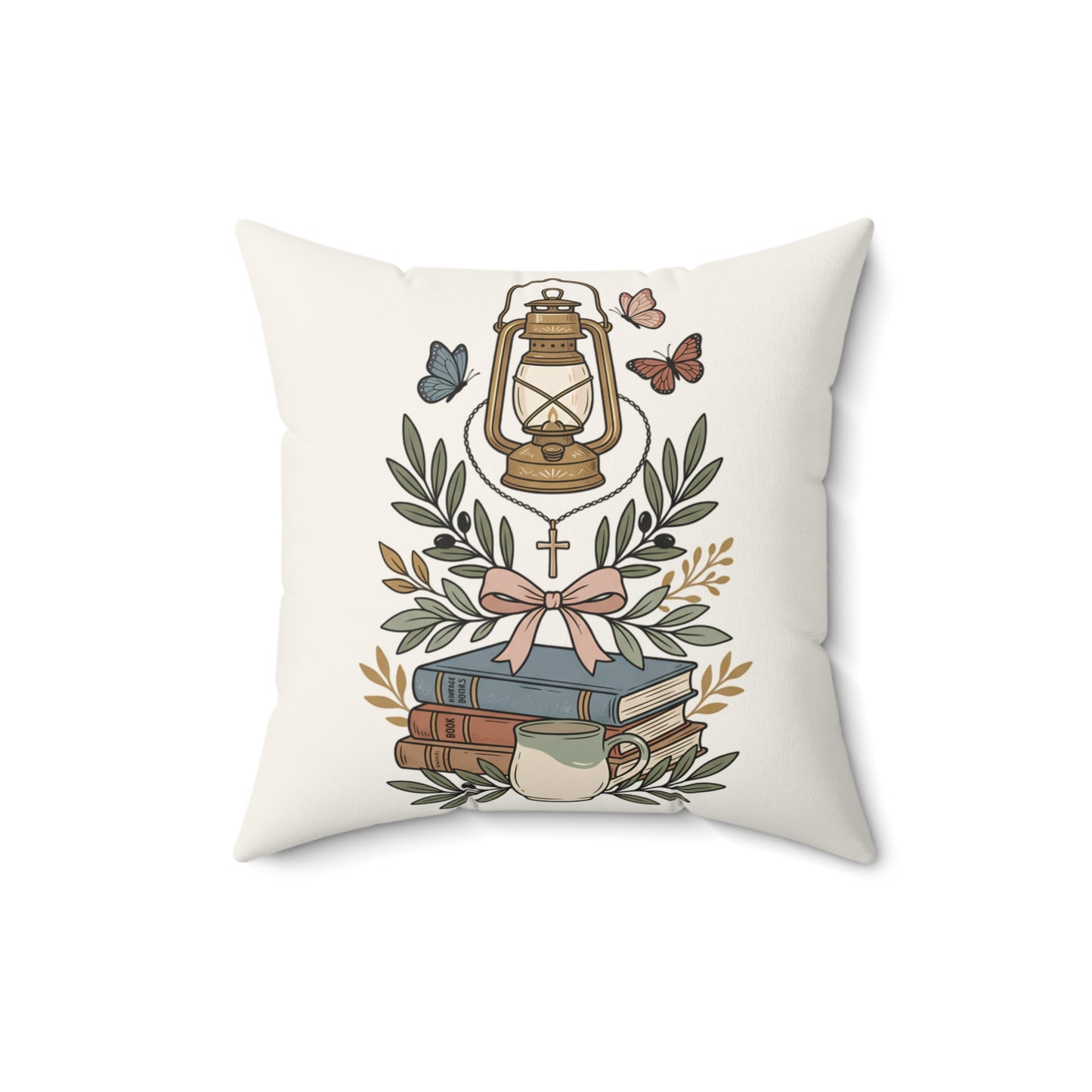 Christian Floral Lantern Pillow — Faith Cross Decorative Throw Pillow