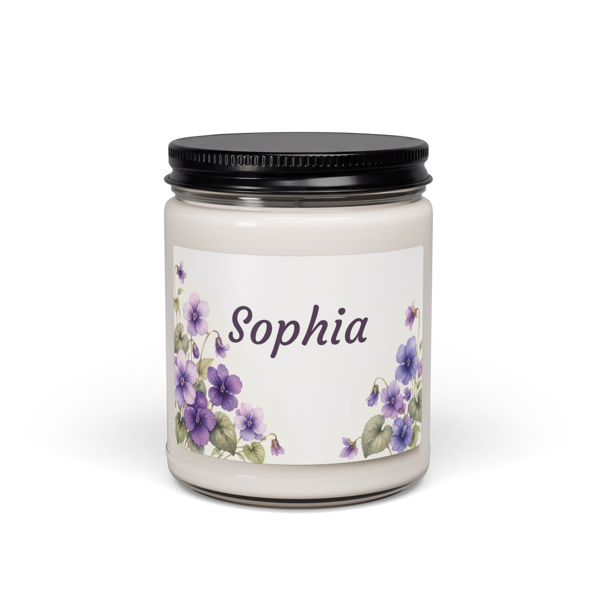 Personalized Floral Soy Candle — 'Sophia' Lavender Violet Scented 9oz Jar