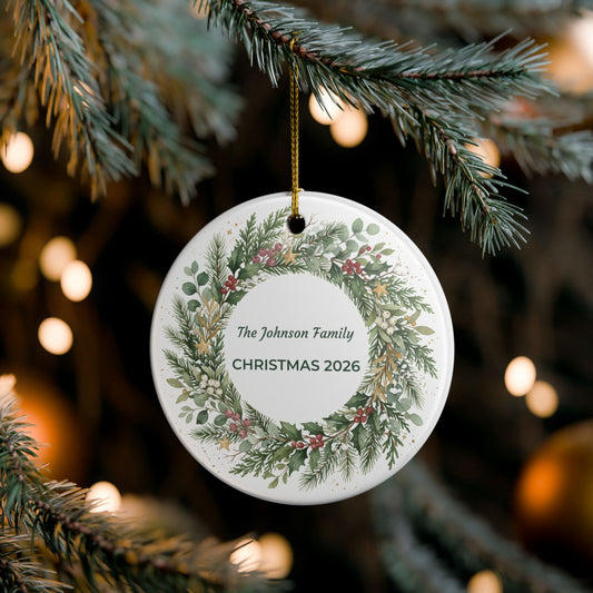 Personalized Christmas Wreath Ceramic Ornament - 'The Johnson Family CHRISTMAS'