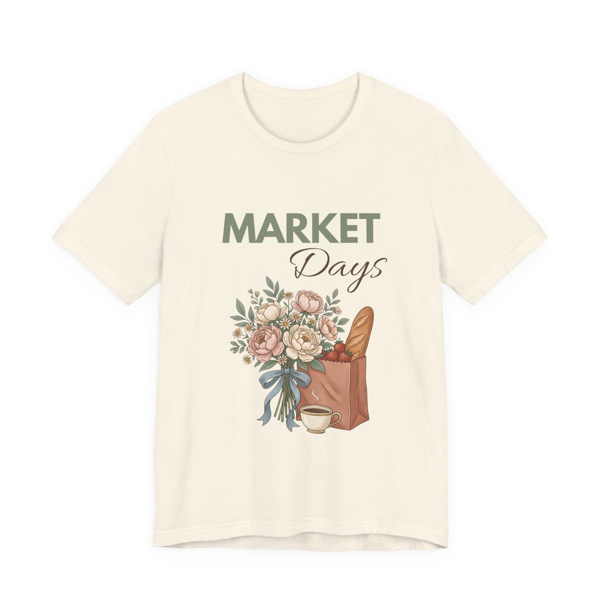 A natural colored t-shirt with 'Market Days" on the front.