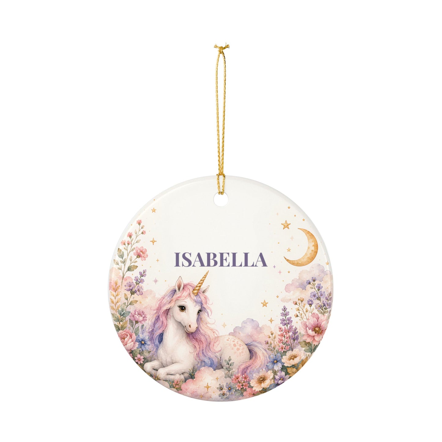 Personalized Unicorn Ornament — Ceramic Name Decoration (Isabella)