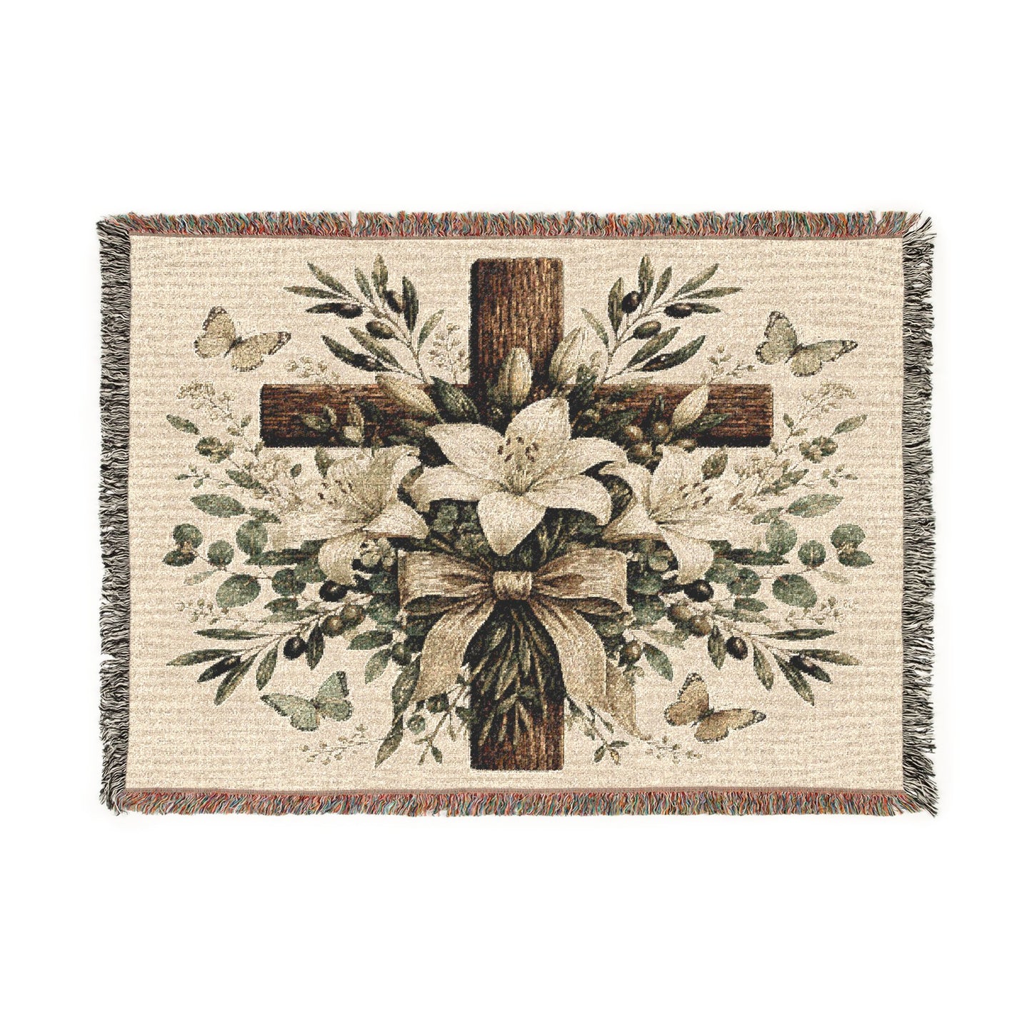 Woven Blanket — Floral Cross Tapestry Throw (Easter / Religious Home Décor)