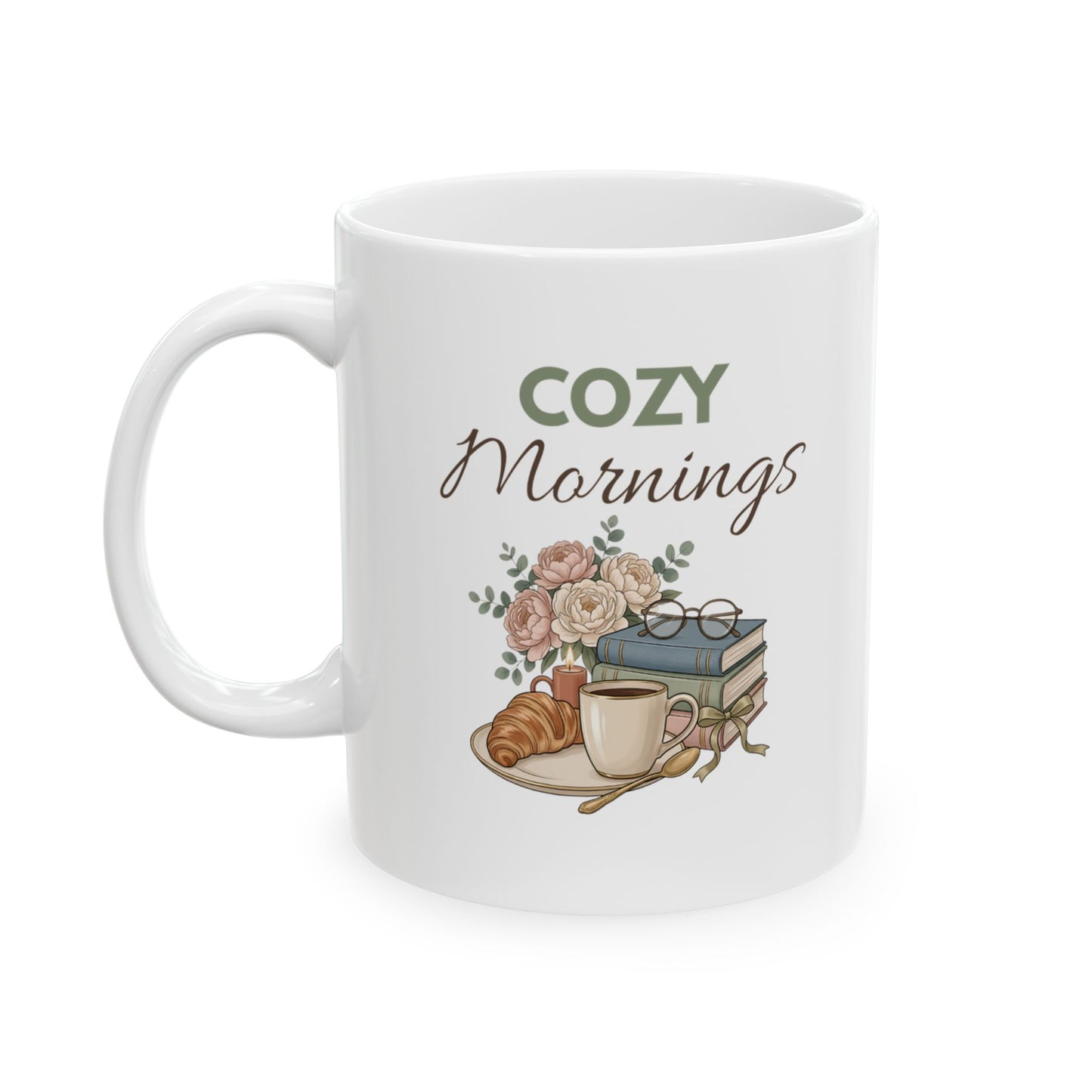 Ceramic Mug - Cozy Morning Coffee Mug with Rustic Floral Illustration