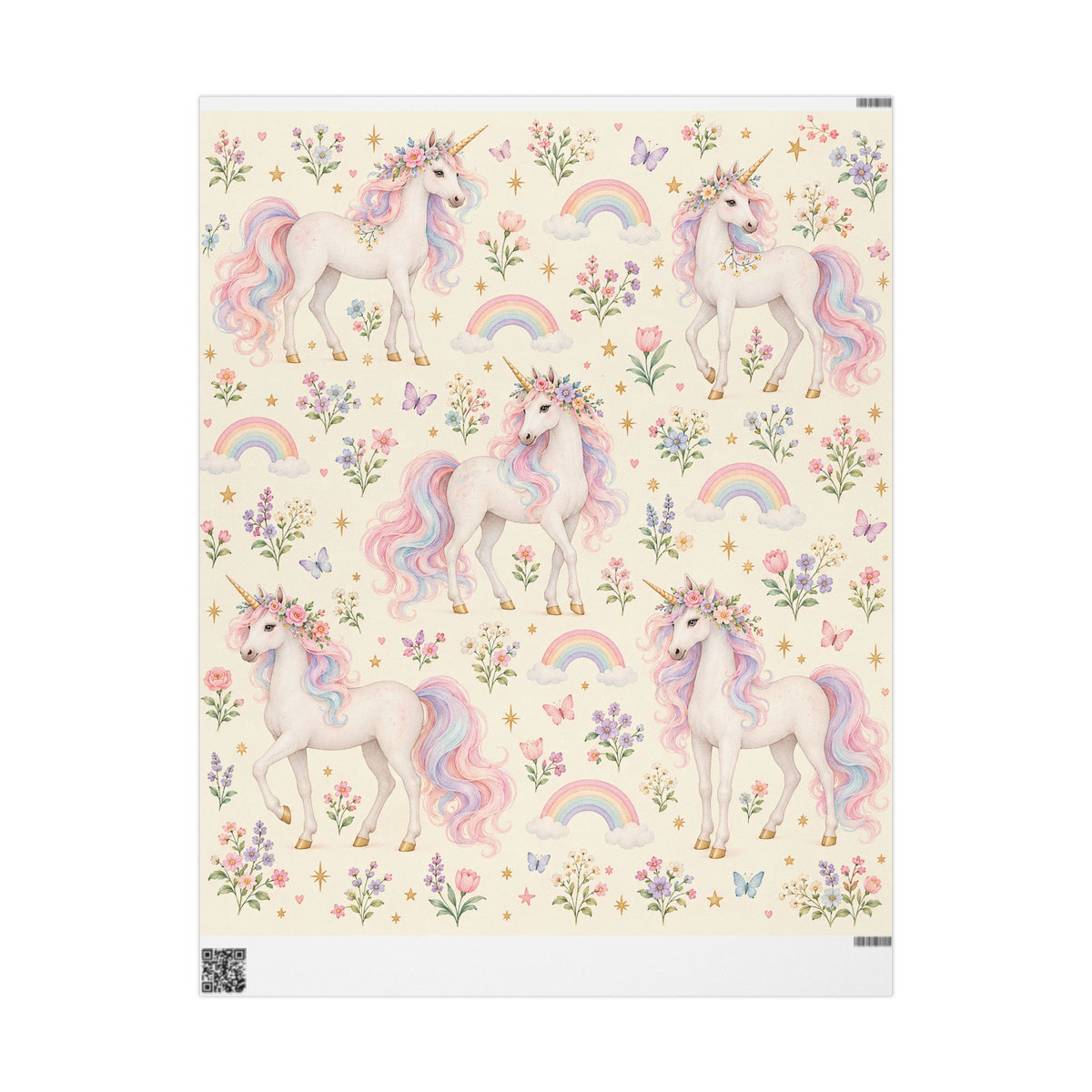 Unicorn Floral Wrapping Paper Roll — Pastel Rainbow Gift Wrap