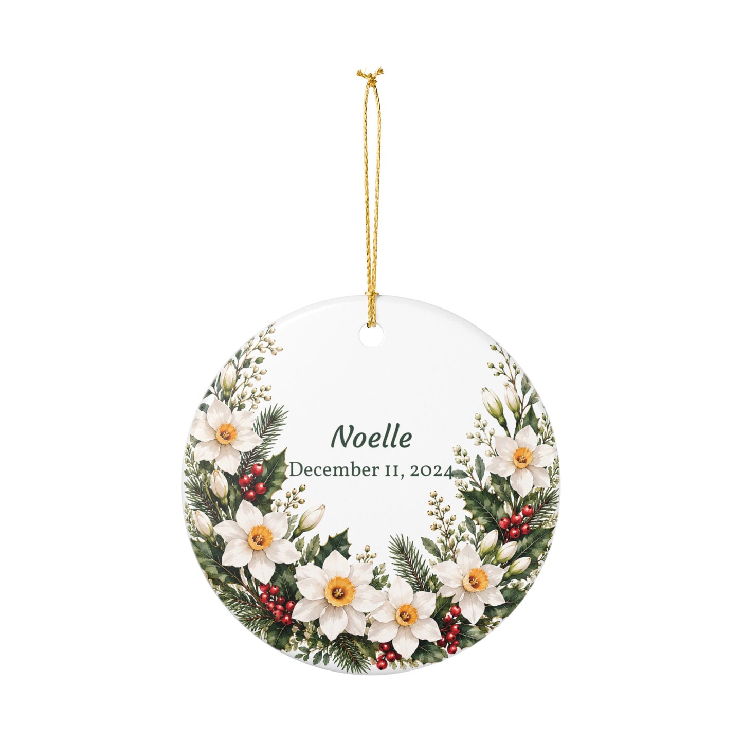 Personalized Ceramic Holiday Ornament — Floral Wreath with Name & Date