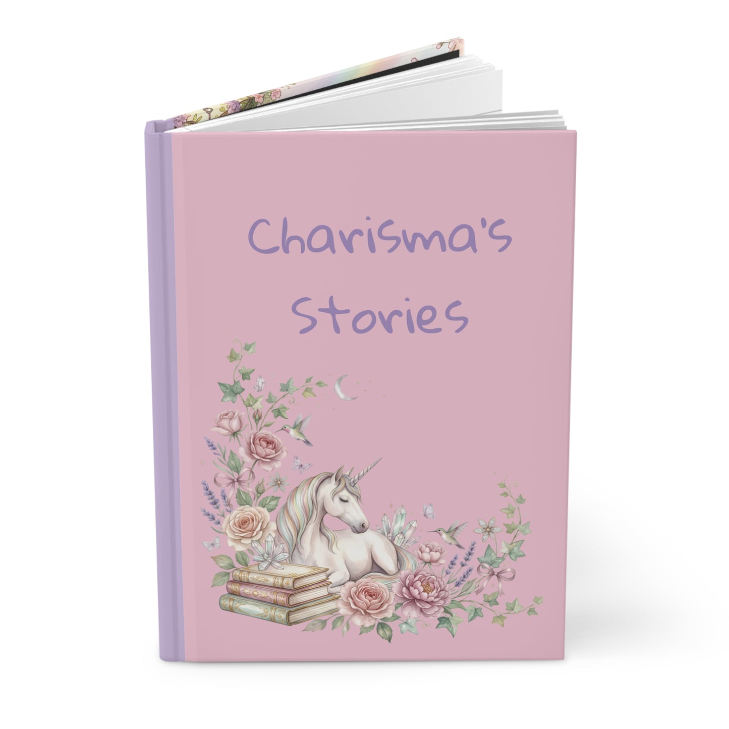 Personalizable Pink Unicorn Hardcover Journal — "Charisma’s Stories" Floral Fantasy Notebook for Kids & Writers