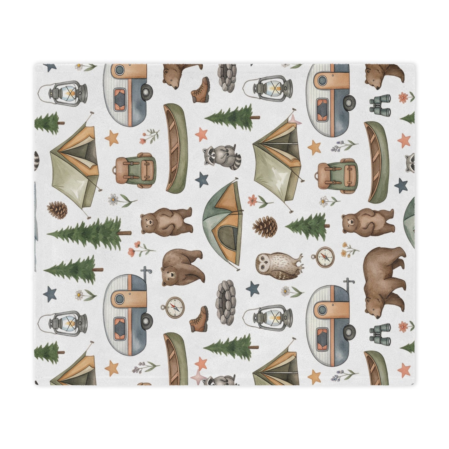 Camping Pattern Minky Blanket — Cozy Outdoor Adventure Throw with Tents, Campfire & Wildlife