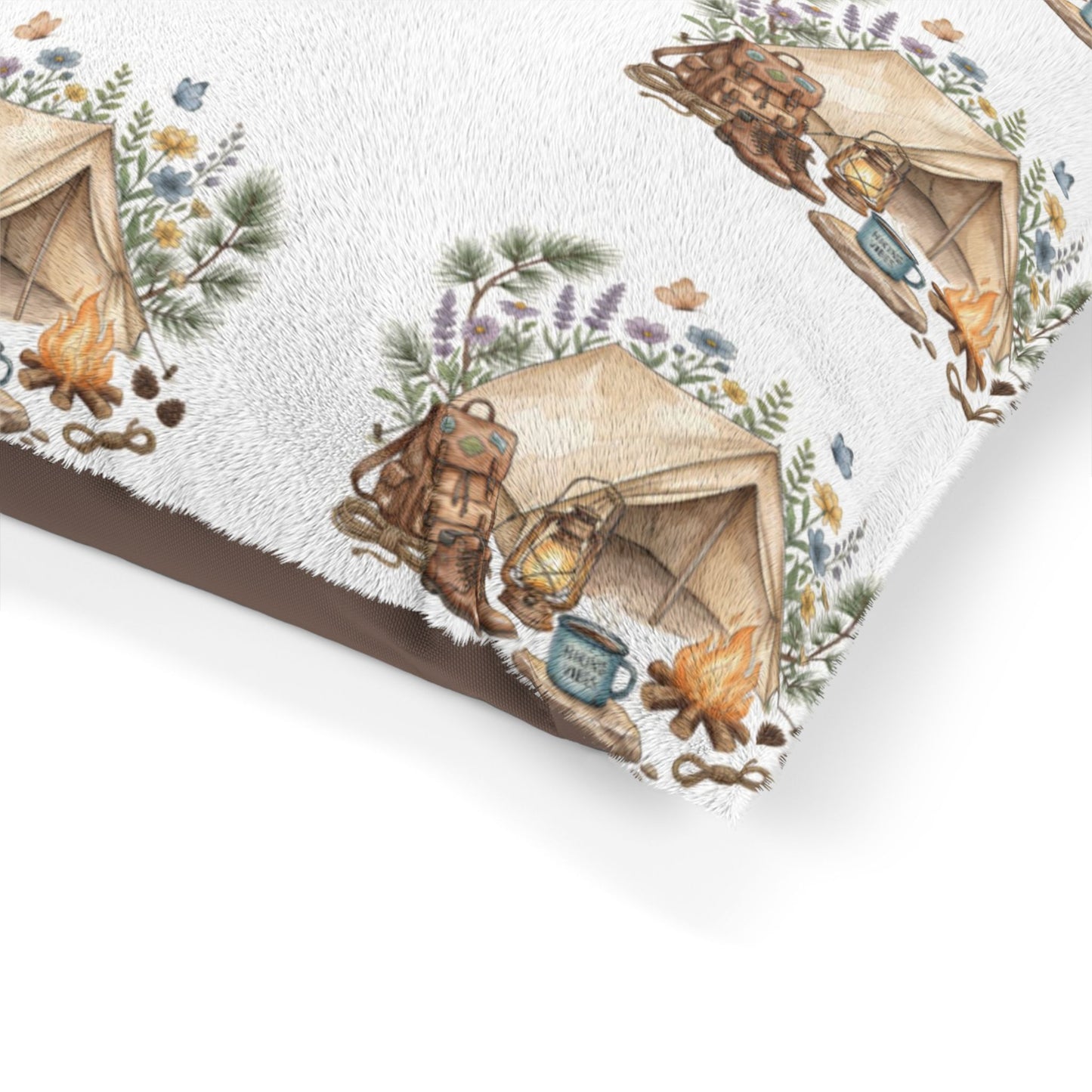 Cozy Camping Pet Bed — Watercolor Tent & Paw Print Pattern