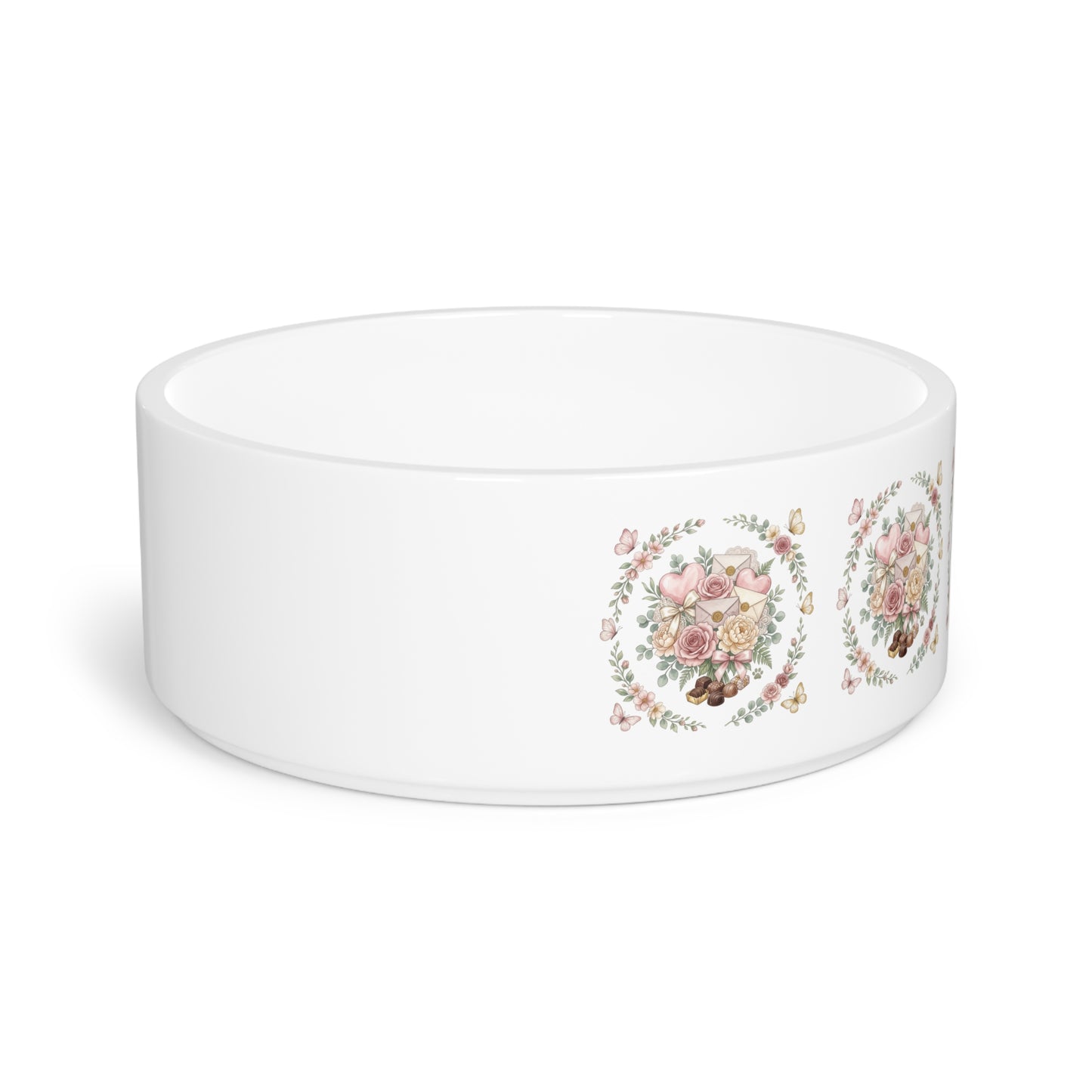 Floral Wreath Pet Bowl — Ceramic Dog Food Dish with Vintage Rose Design