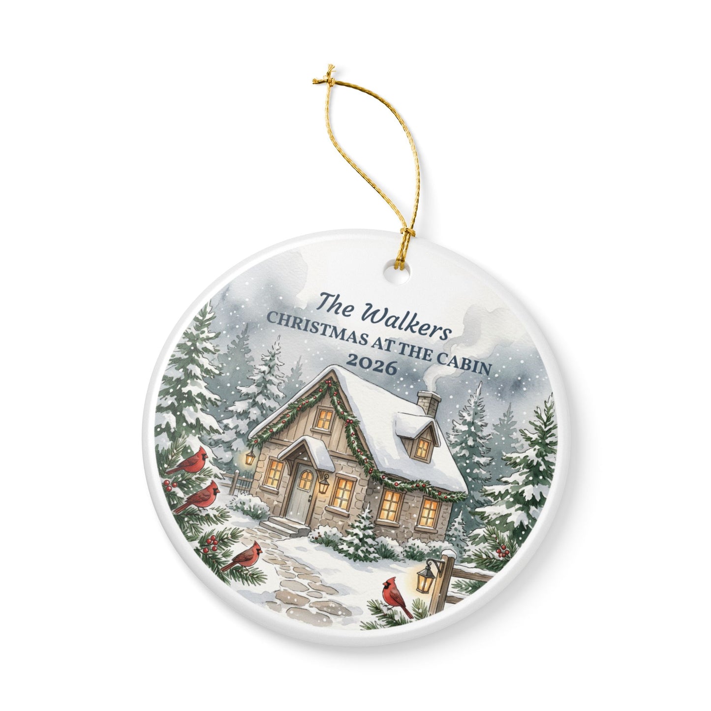 Personalized Ceramic Christmas Ornament – 'Christmas at the Cabin' Snowy Cottage (Custom Name & Year)