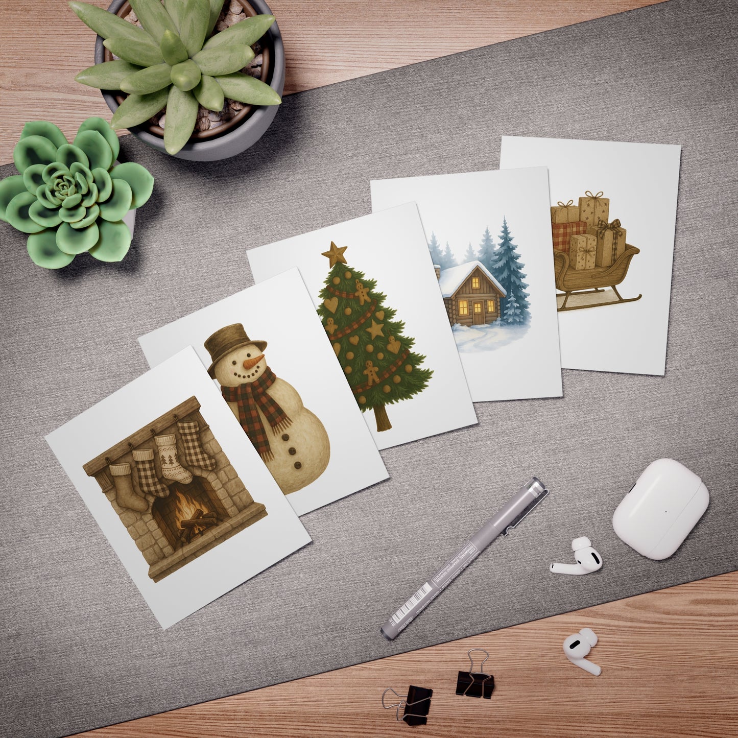 Rustic Christmas Greeting Card Set – 5 Blank Holiday Cards with Envelopes