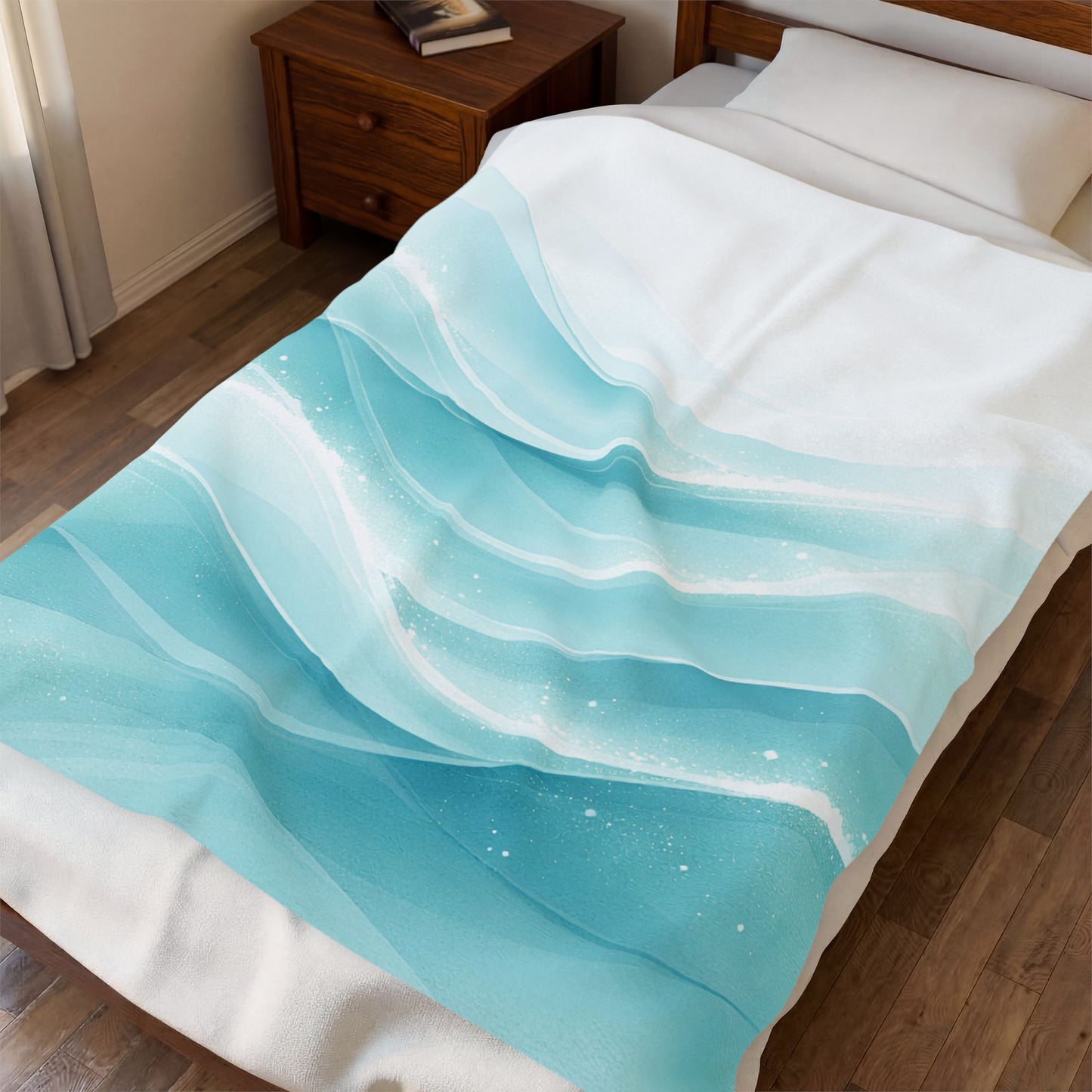 Aqua Wave Velveteen Plush Blanket — Soft Ocean Blue Throw for Cozy Bedrooms & Beach House Decor
