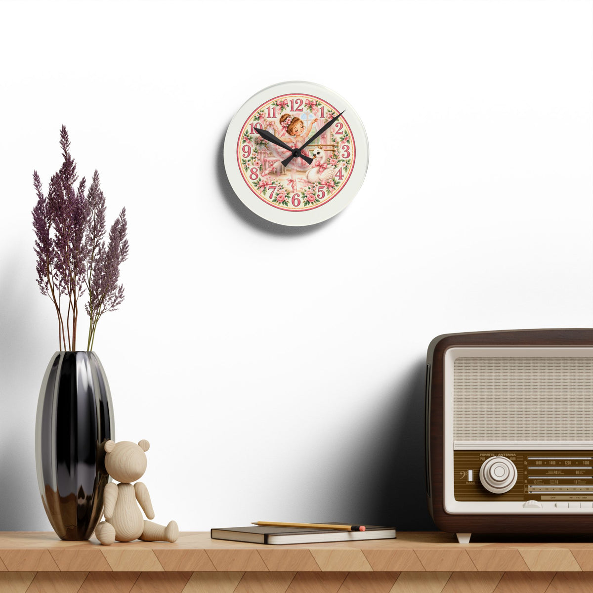 Vintage Ballerina and Swan Floral Acrylic Wall Clock