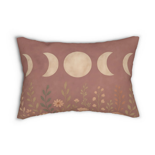 Boho Moon Phases Lumbar Pillow with Floral Accents – Double-Sided Bohemian Throw Pillow