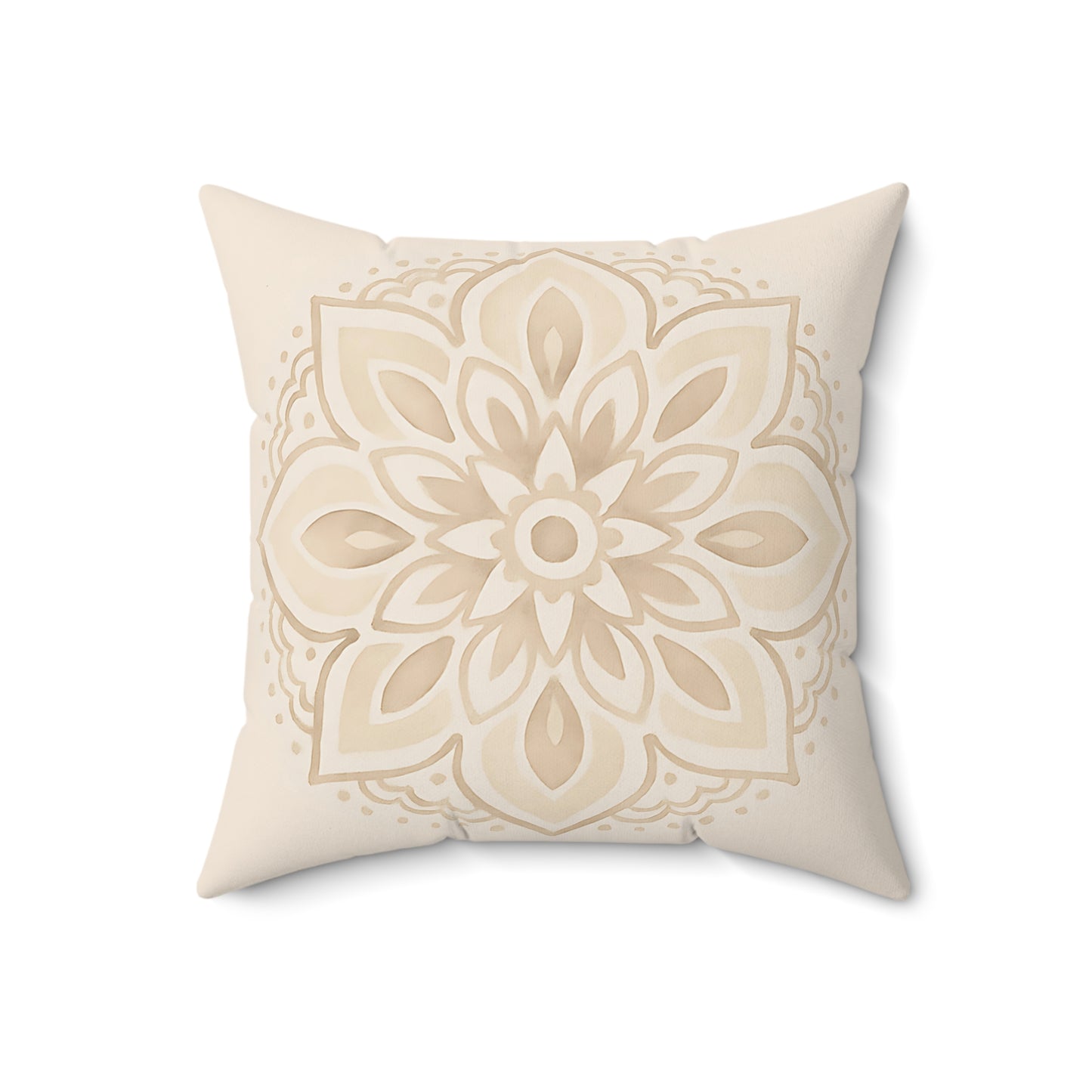 Neutral Mandala Throw Pillow – Boho Decorative Cushion with Cream Floral Medallion & Double-Sided Print