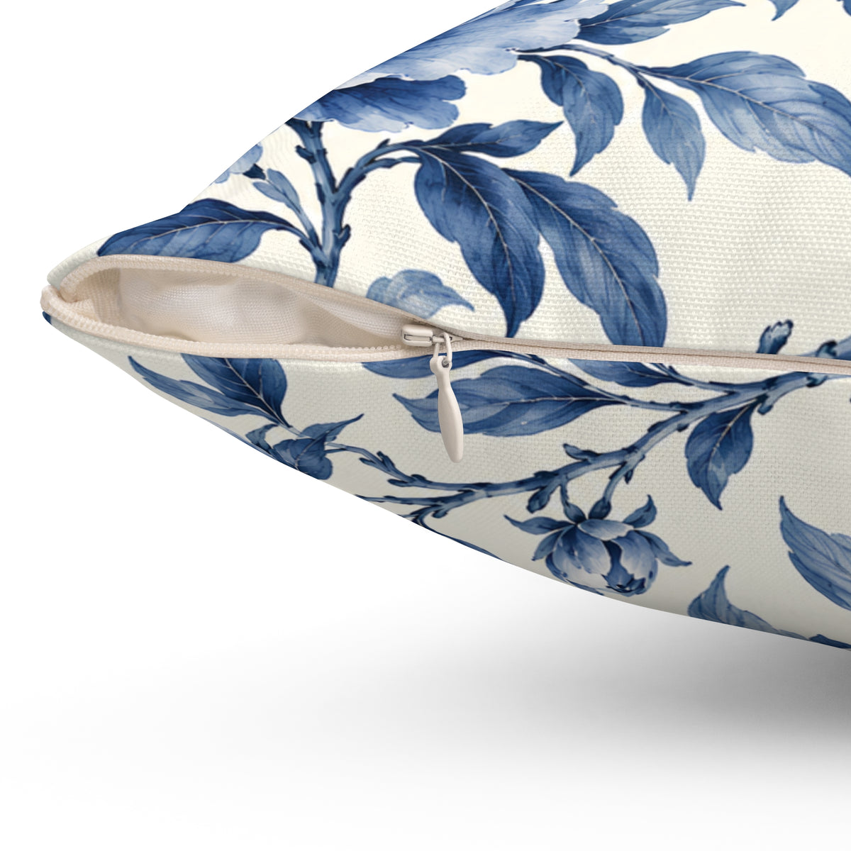 Blue Floral Throw Pillow — Vintage Peony Accent Cushion