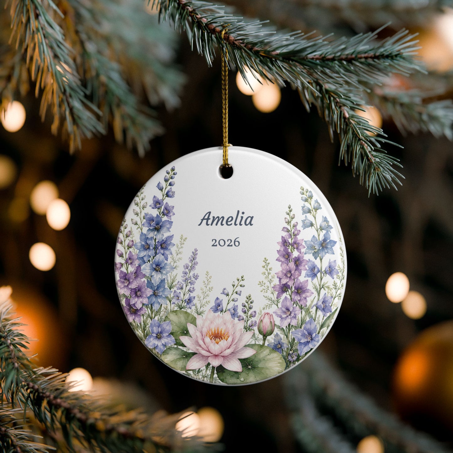 Personalized Ceramic Ornament — Floral Name & Year (e.g., "Amelia 2026")
