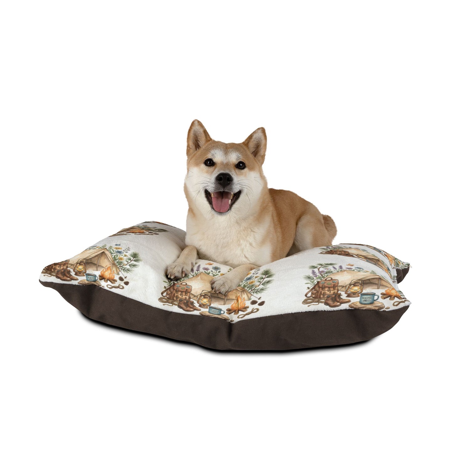 Cozy Camping Pet Bed — Watercolor Tent & Paw Print Pattern
