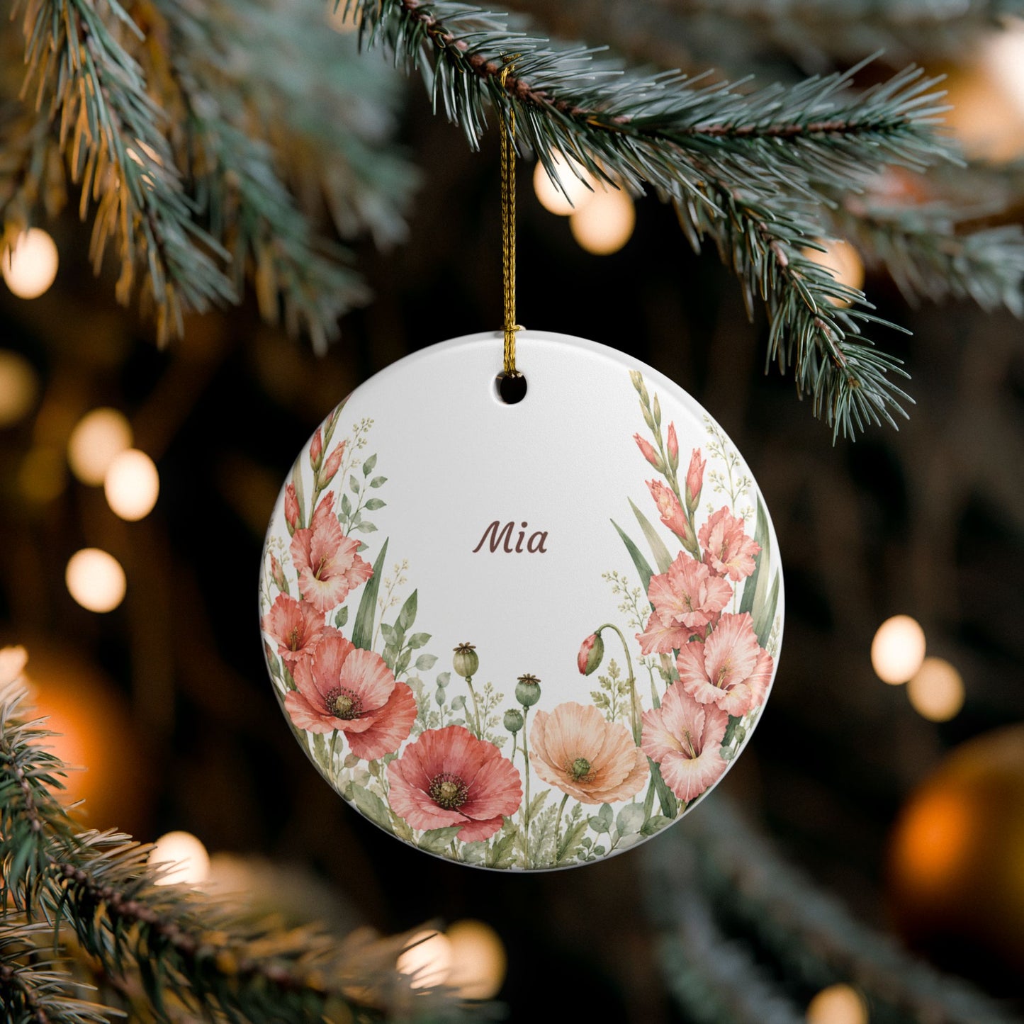 Personalized Floral Ceramic Ornament — Custom Name Poppy & Gladiolus Holiday Decoration