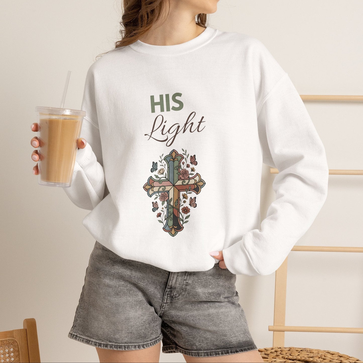 His Light Crewneck Sweatshirt — Floral Cross Christian Graphic Sweatshirt