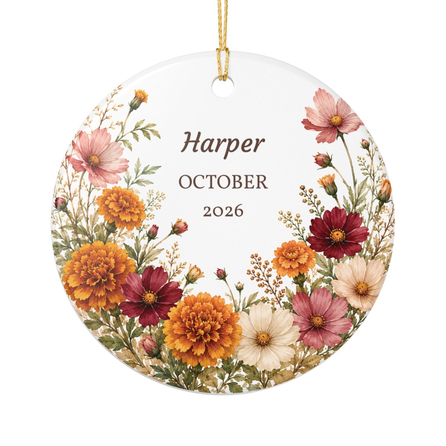 Personalized Floral Birth Month Ceramic Ornament — Custom Name & Year (October 2026)