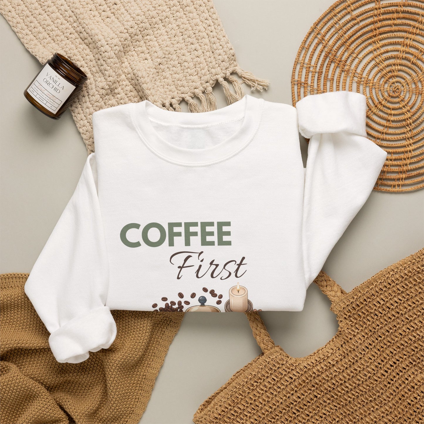 Coffee First Sweatshirt — Cozy Café Graphic Crewneck for Coffee Lovers