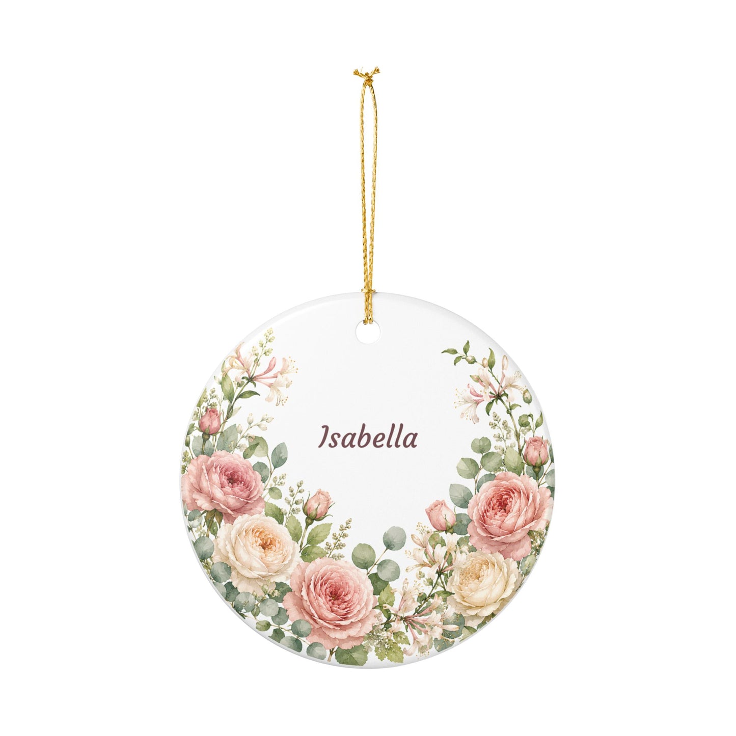 Personalized Floral Ceramic Ornament — Custom Name Rose Wreath Decoration