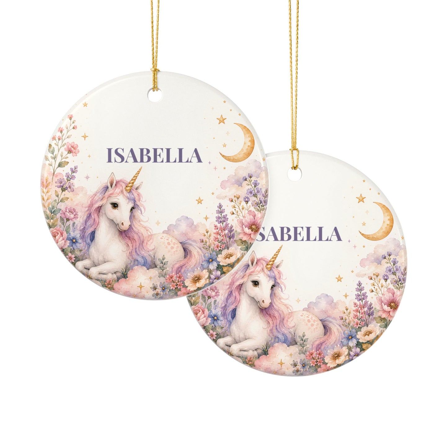 Personalized Unicorn Ornament — Ceramic Name Decoration (Isabella)