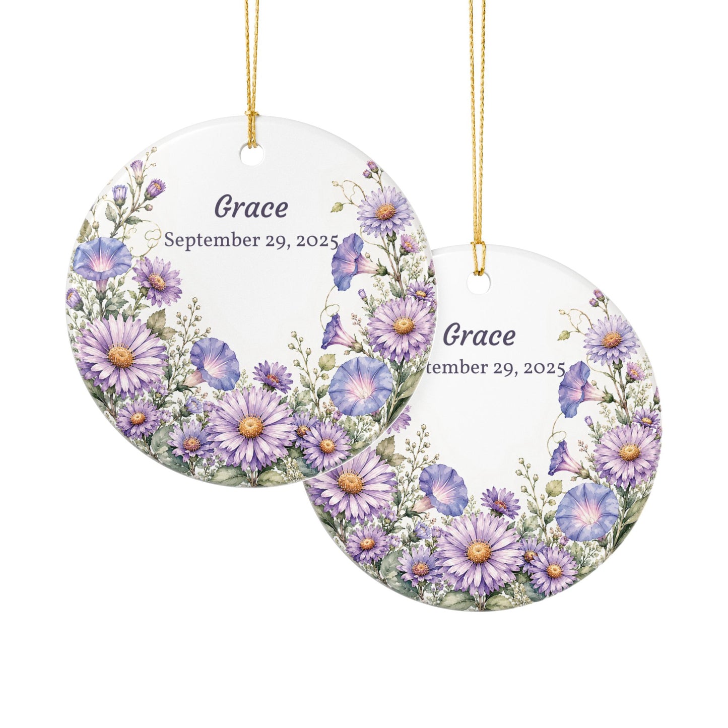 Personalized Ceramic Ornament — Purple Wildflower Memorial or Keepsake Ornament (Name & Date)