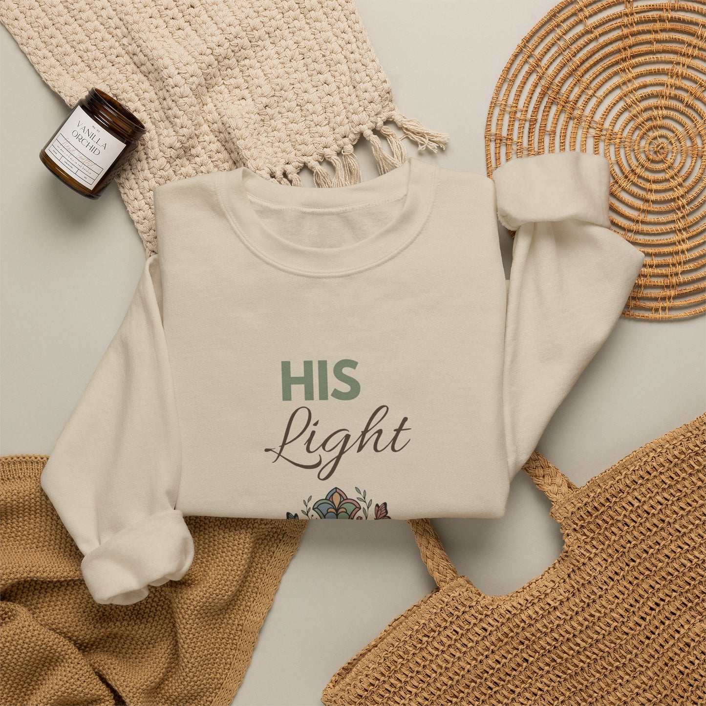 His Light Crewneck Sweatshirt — Floral Cross Christian Graphic Sweatshirt