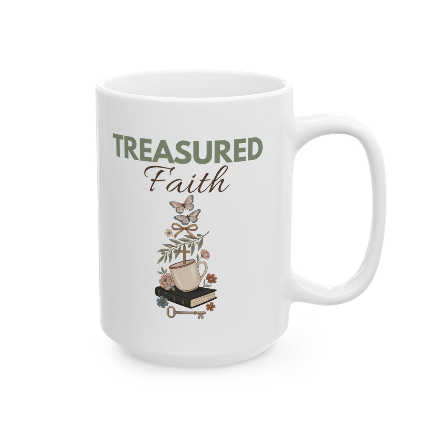 Treasured Faith Ceramic Coffee Mug – Christian Bible Lover Gift – Floral Coffee Cup – Inspirational Religious Mug – 11oz & 15oz