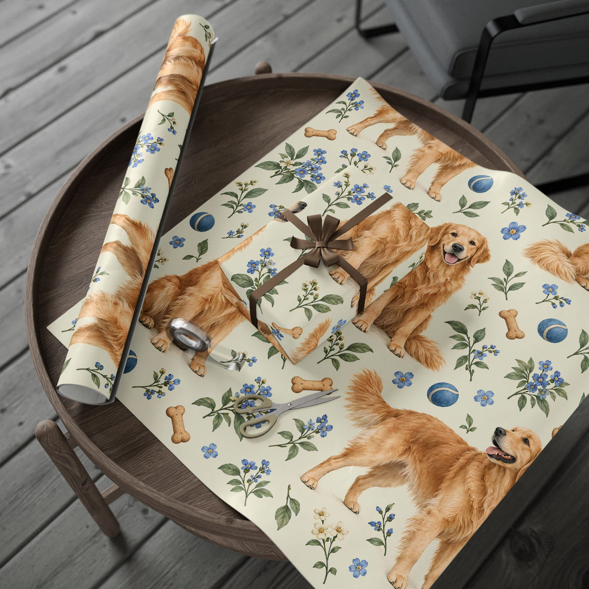 Dog Floral Wrapping Paper — Golden Retriever Gift Wrap (Floral Pattern)