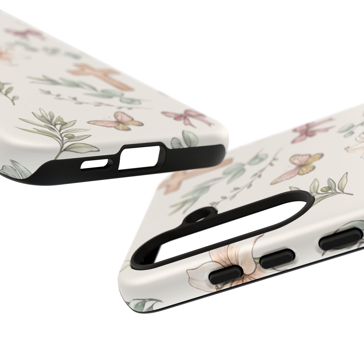 Floral Cross Tough Phone Case — Pastel Butterflies & Bows Christian Design