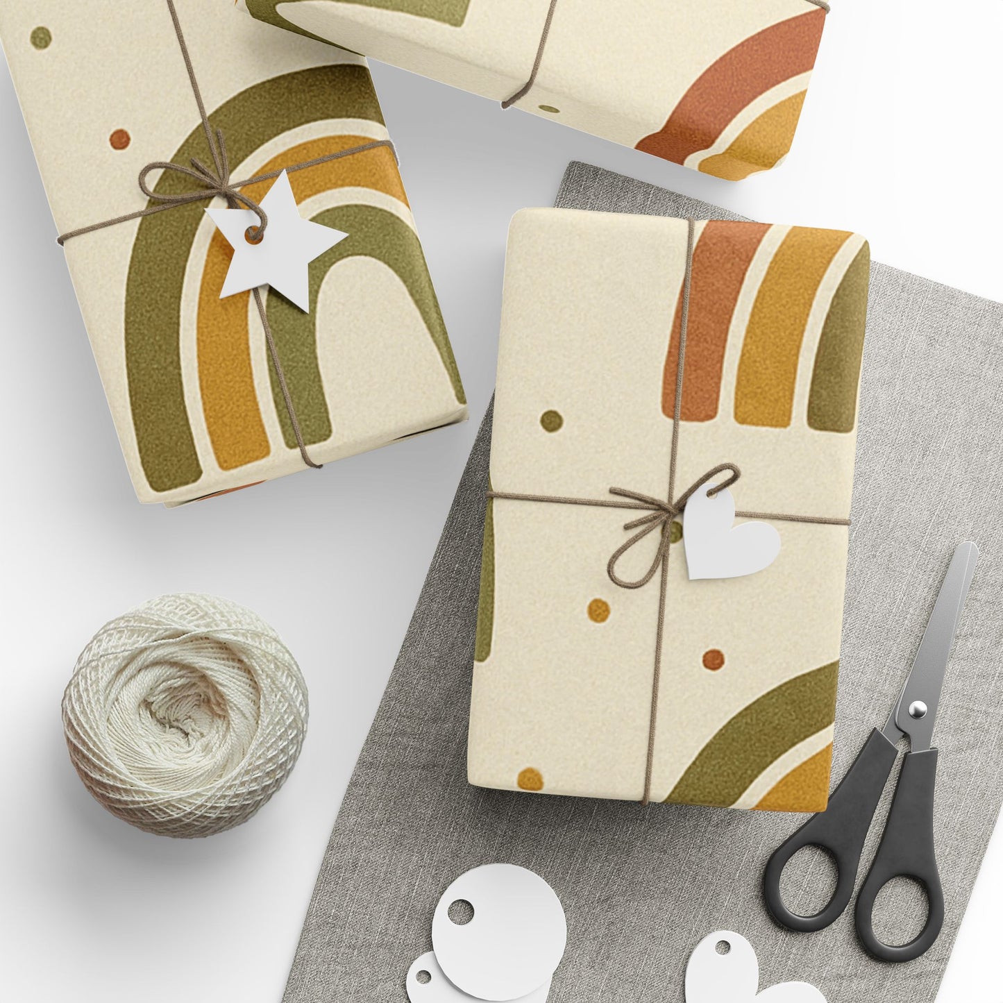 Boho Rainbow Wrapping Paper – Earth Tone Arches & Dots on Neutral Background
