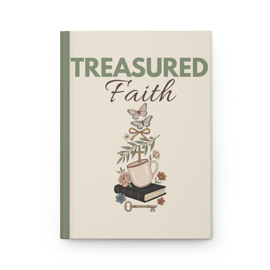 Treasured Faith Hardcover Journal — Faith-Inspired Notebook with Floral & Mug Illustration