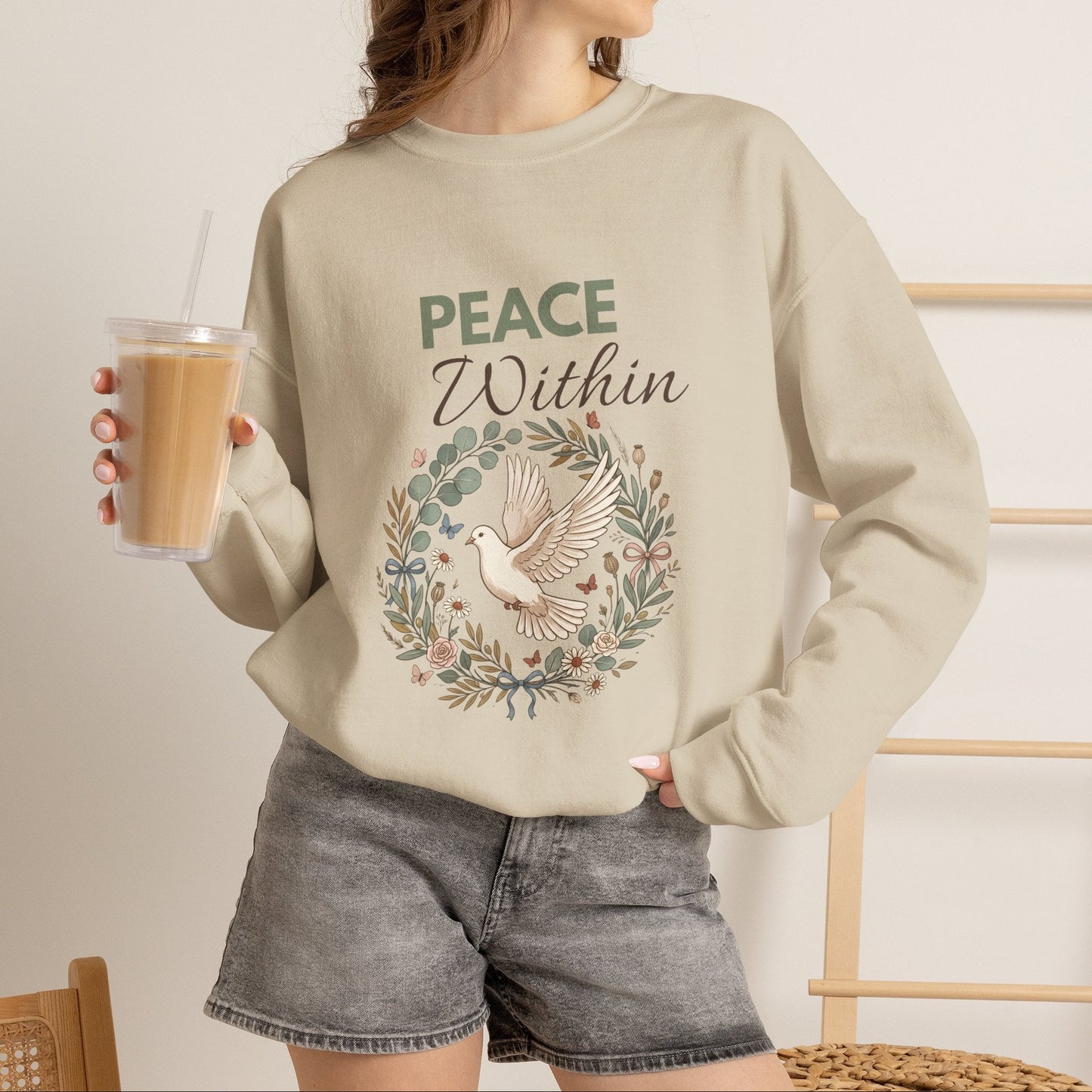 Peace Within Sweatshirt — Dove & Floral Comfort Crewneck