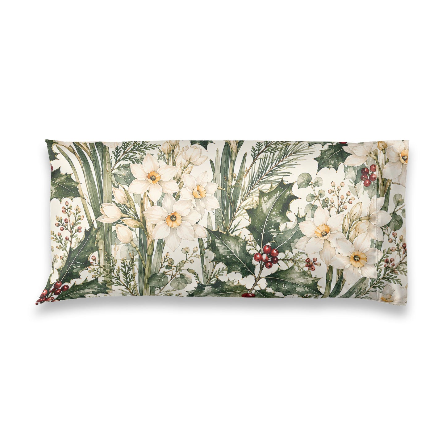Floral Satin Pillowcase – Green Botanical Daffodil Print