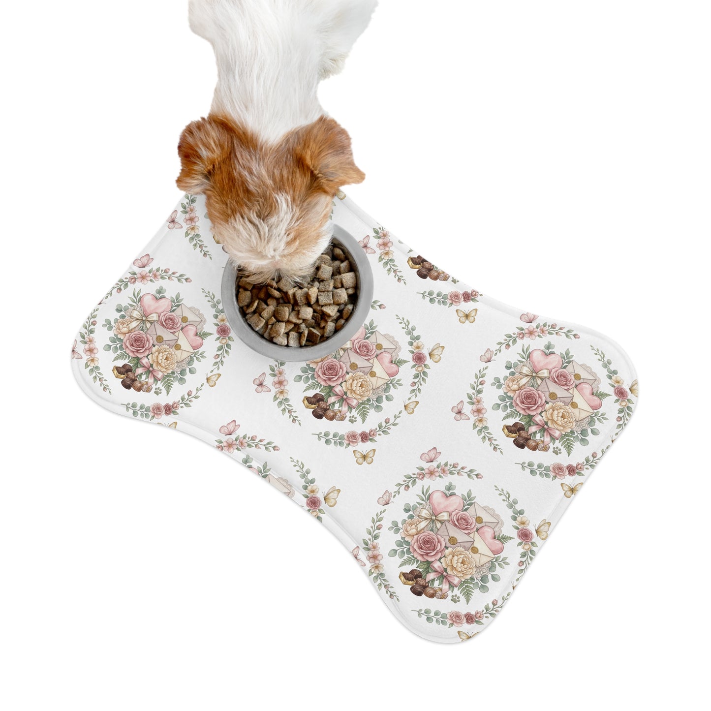 Floral Heart Pet Feeding Mat — Cute Rose & Butterfly Bowl Placemat for Dogs
