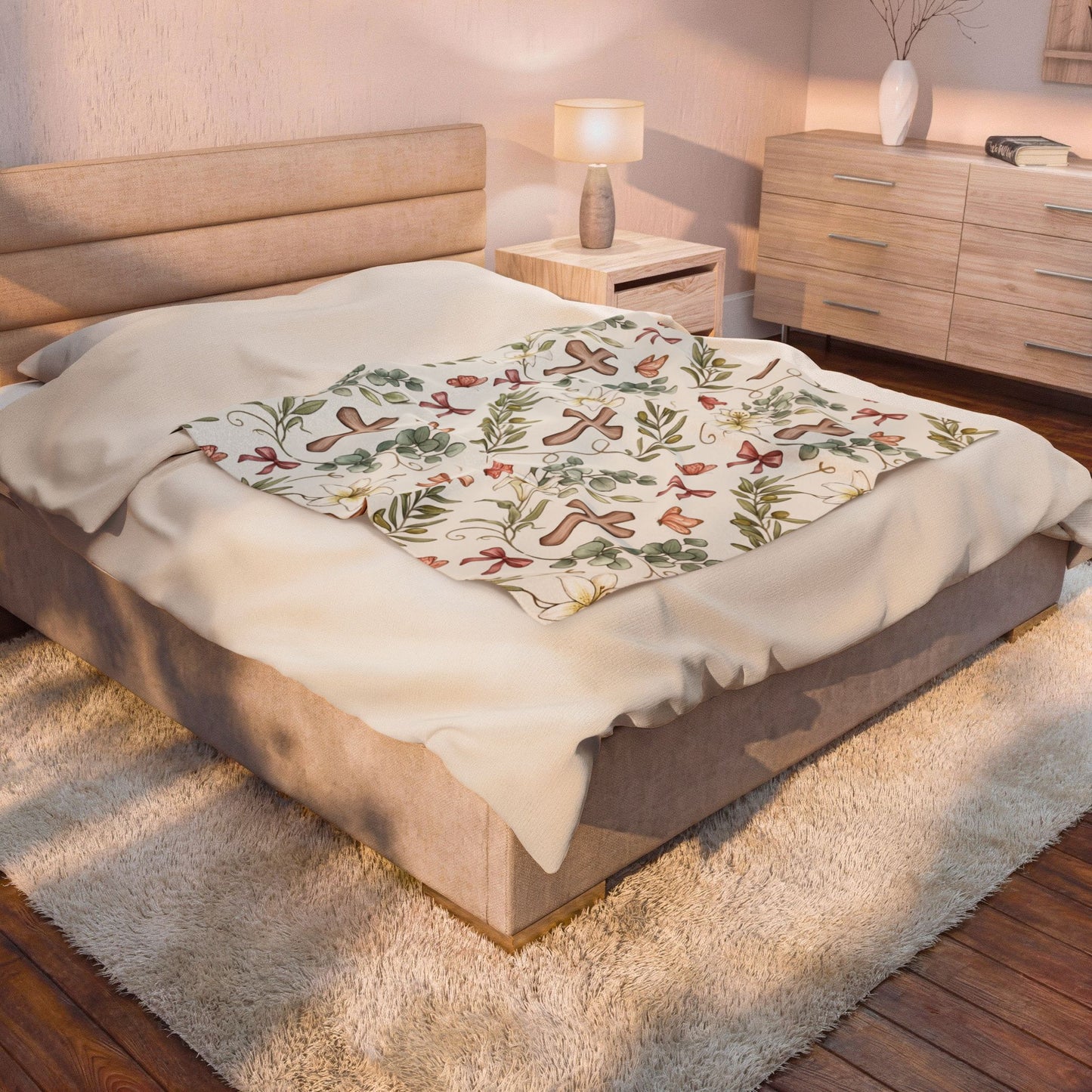 Religious Floral Cross Velveteen Plush Blanket — Soft Christian Comfort Throw