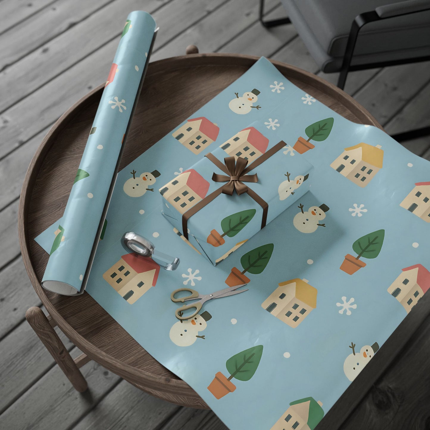 Whimsical Winter Village Wrapping Paper – Snowmen, Trees & Cozy Houses