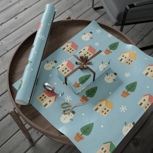 Whimsical Winter Village Wrapping Paper – Snowmen, Trees & Cozy Houses