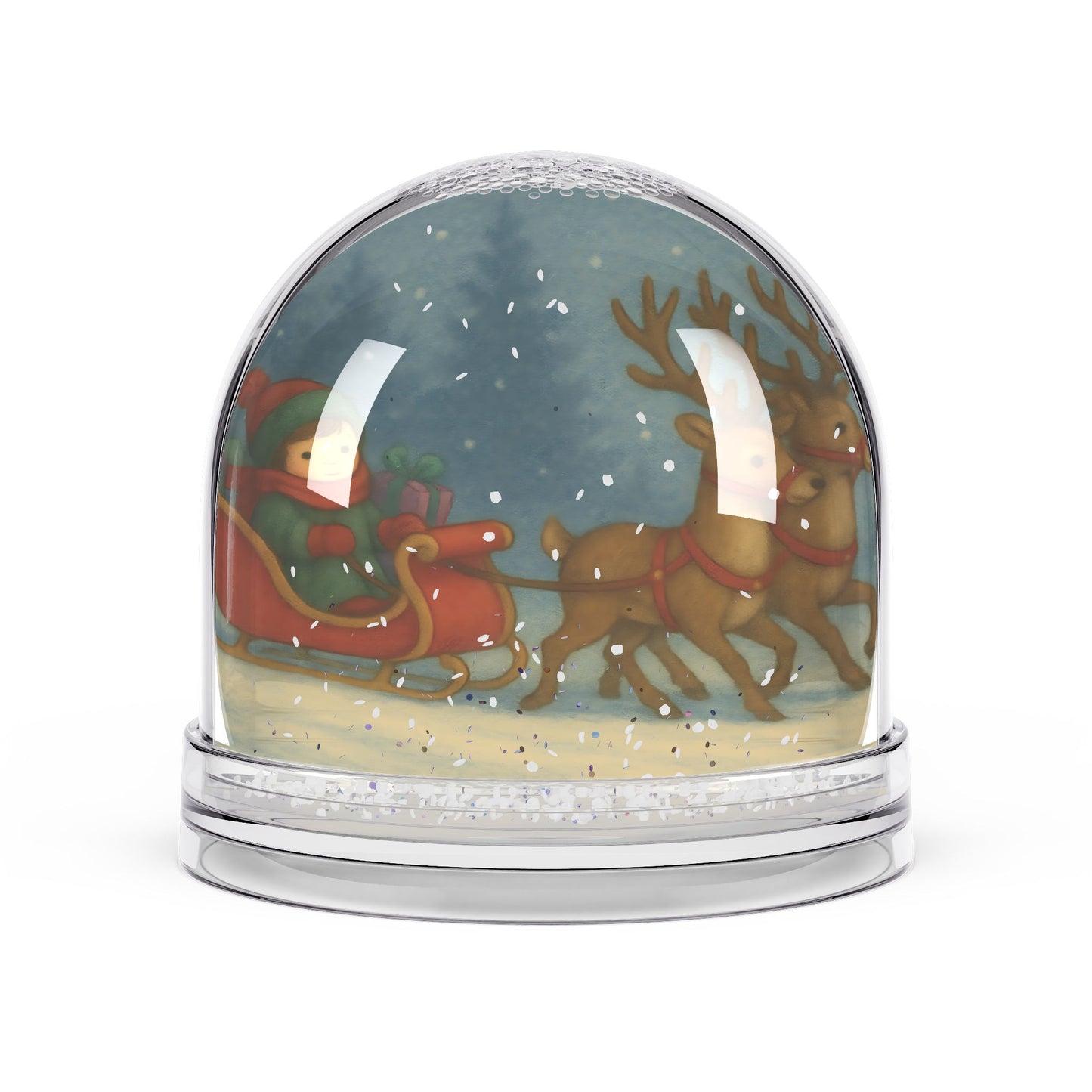Reindeer Sleigh Ride Snow Globe – Festive Winter Scene with Two-Sided Print