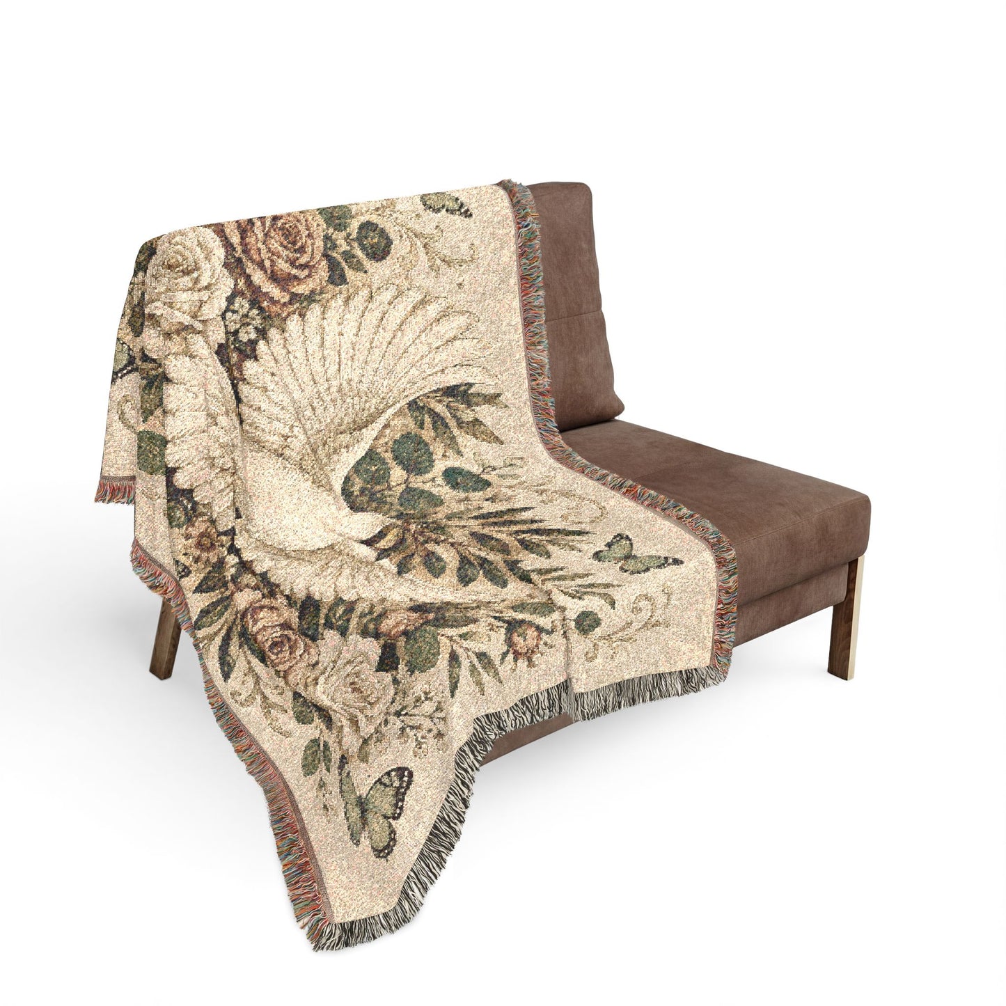 Dove Floral Woven Blanket — Decorative Throw for Living Room, Spiritual Comfort & Memorial Gift