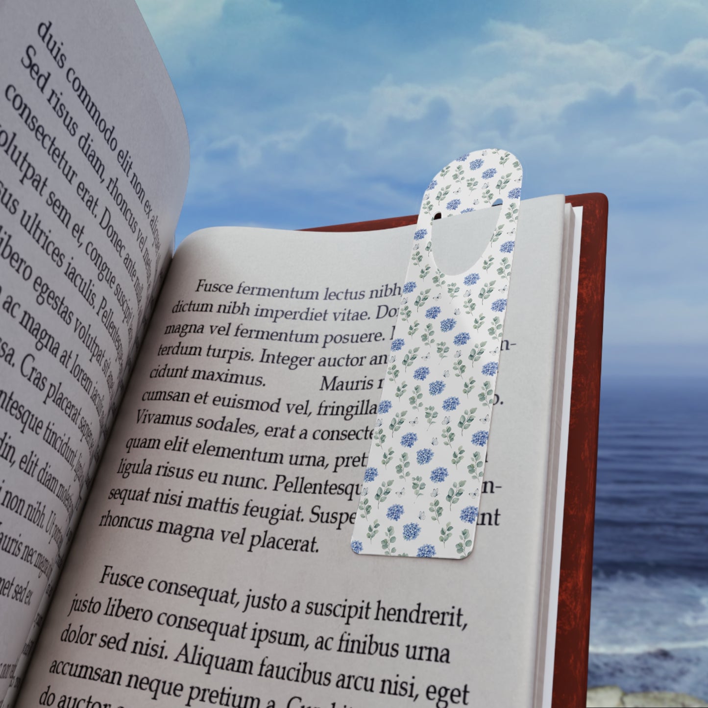 Floral Blue Hydrangea Bookmark — Slim Metal Bookmark with Delicate Flower Pattern