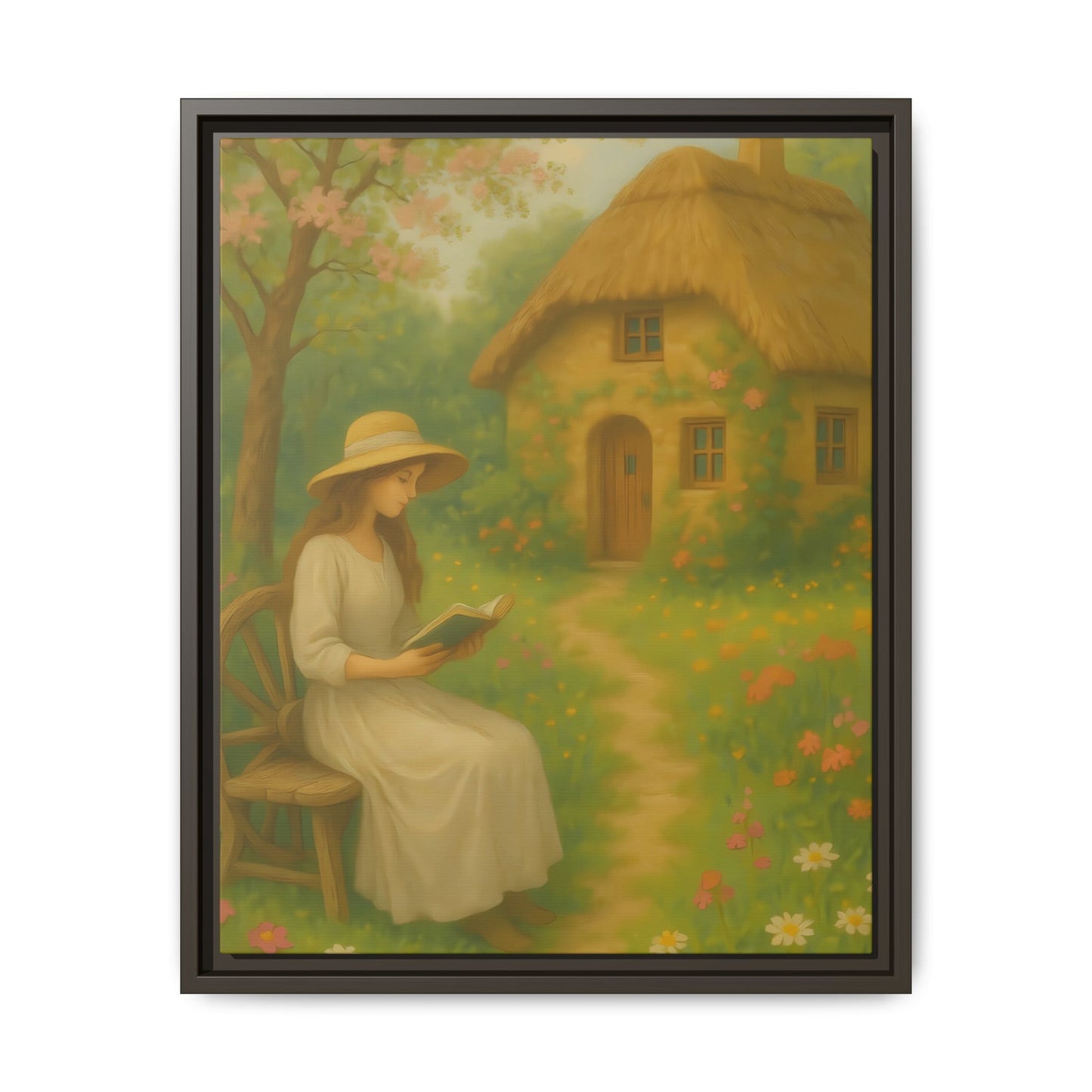 Cottage Garden Reader – Framed Matte Canvas Wall Art of Woman Reading by a Thatched Cottage