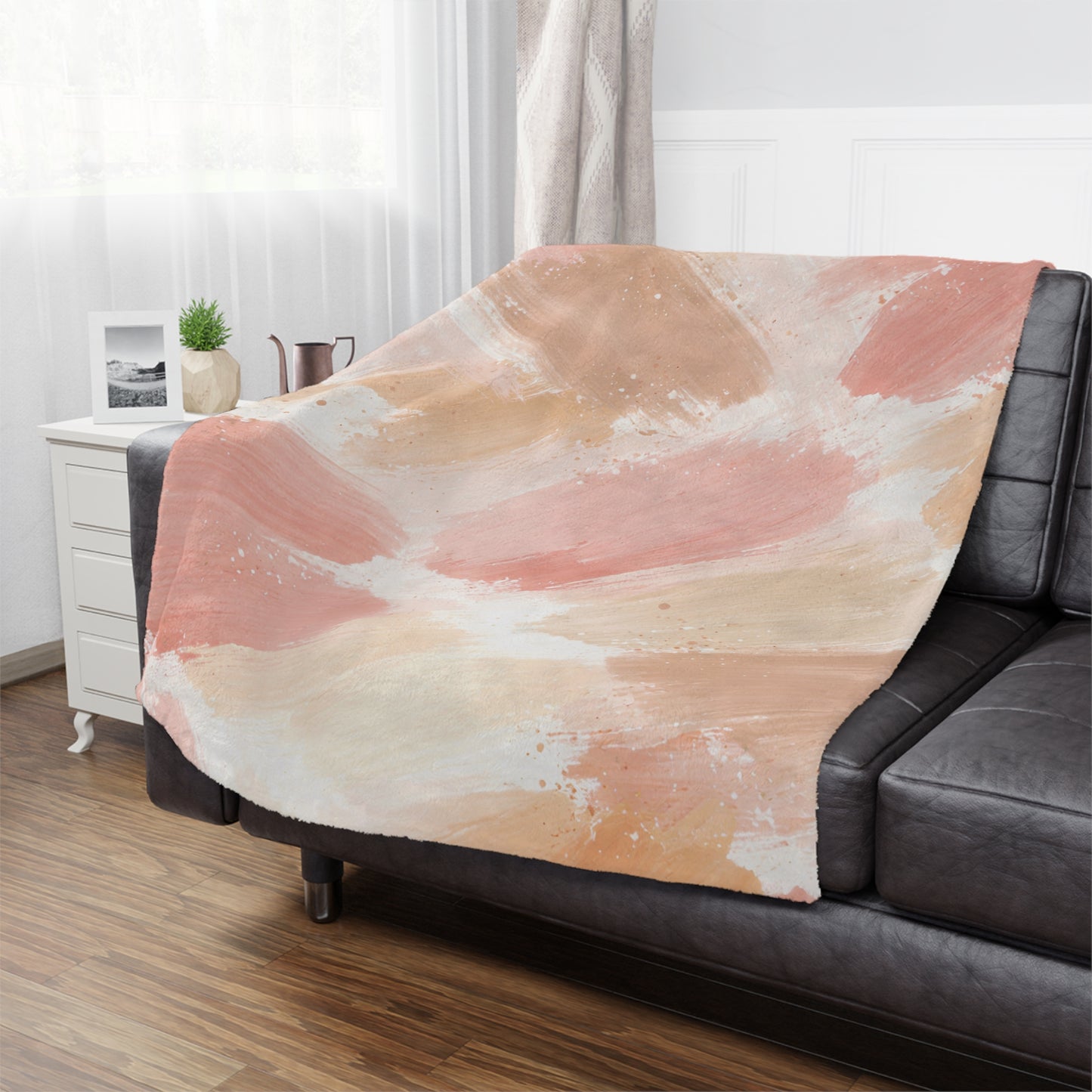 Abstract Blush Minky Blanket — Soft Pink & Beige Brushstroke Throw