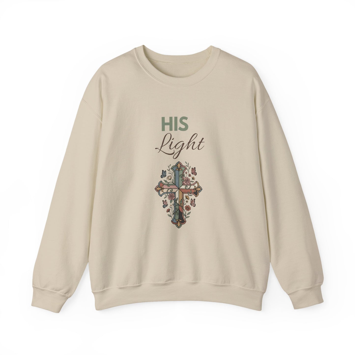 His Light Crewneck Sweatshirt — Floral Cross Christian Graphic Sweatshirt